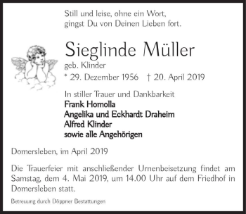 Traueranzeige von Sieglinde Müller (geb. Klinder)  von Magdeburger Volksstimme