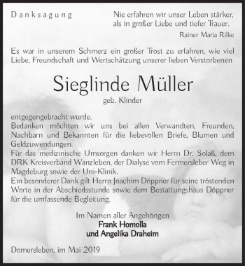 Traueranzeige von Sieglinde Müller (geb. Klinder)  von Magdeburger Volksstimme
