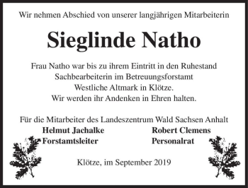 Traueranzeige von Sieglinde Natho  von Magdeburger Volksstimme