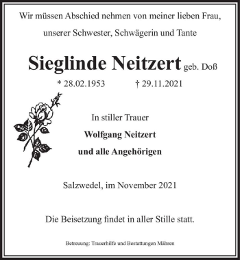 Traueranzeige von Sieglinde Neitzert (geb. Doß)  von Magdeburger Volksstimme