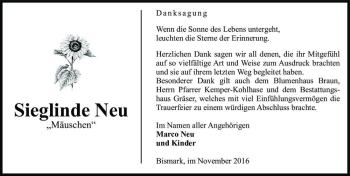 Traueranzeige von Sieglinde Neu 