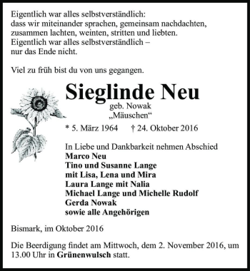 Traueranzeige von Sieglinde Neu (geb. Nowak, 