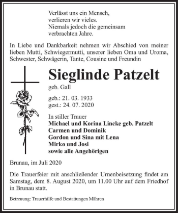 Traueranzeige von Sieglinde Patzelt (geb. Gall)  von Magdeburger Volksstimme