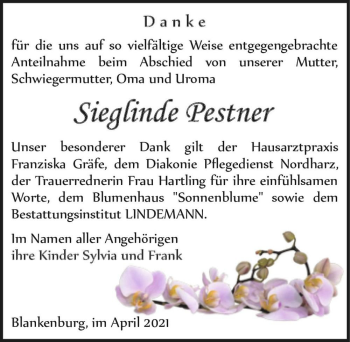 Traueranzeige von Sieglinde Pestner  von Magdeburger Volksstimme