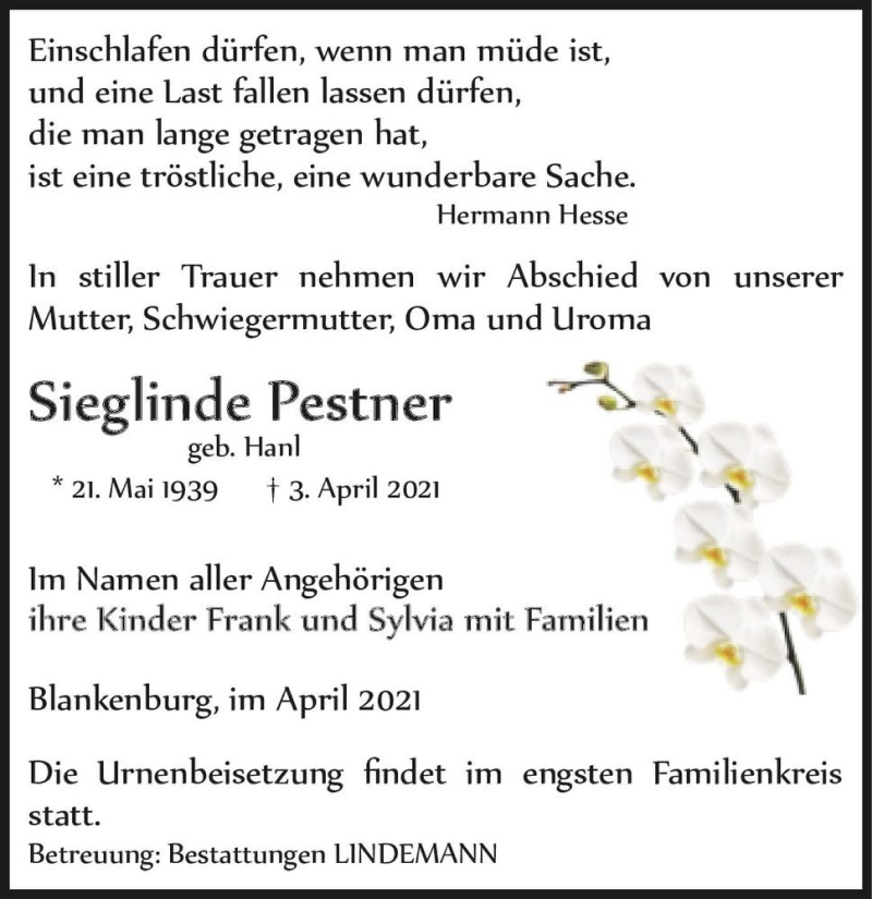  Traueranzeige für Sieglinde Pestner (geb. Hanl)  vom 10.04.2021 aus Magdeburger Volksstimme