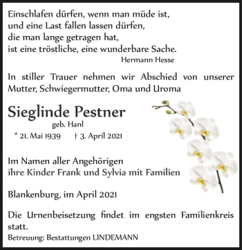 Traueranzeige von Sieglinde Pestner (geb. Hanl)  von Magdeburger Volksstimme