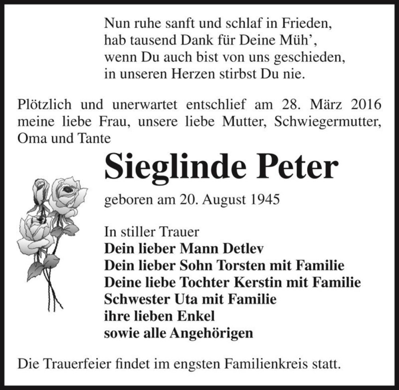  Traueranzeige für Sieglinde Peter  vom 09.04.2016 aus Magdeburger Volksstimme