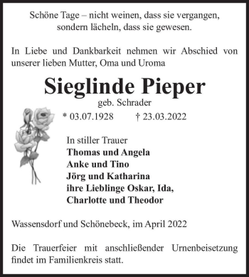 Traueranzeige von Sieglinde Pieper (geb. Schrader)  von Magdeburger Volksstimme