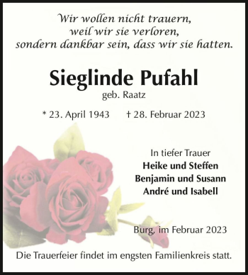 Traueranzeige von Sieglinde Pufahl (geb. Raatz)  von Magdeburger Volksstimme