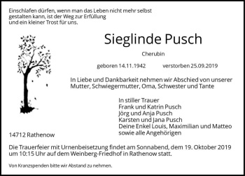 Traueranzeige von Sieglinde Pusch (geb. Cherubin)  von Magdeburger Volksstimme