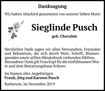 Traueranzeige von Sieglinde Pusch (geb. Cherubin)  von Magdeburger Volksstimme