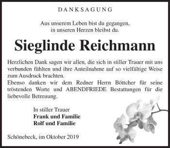 Traueranzeige von Sieglinde Reichmann  von Magdeburger Volksstimme
