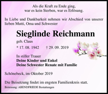 Traueranzeige von Sieglinde Reichmann (geb. Claus)  von Magdeburger Volksstimme
