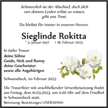 Traueranzeige von Sieglinde Rokitta  von Magdeburger Volksstimme