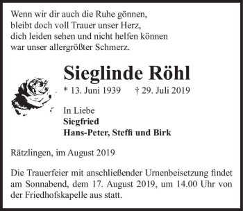 Traueranzeige von Sieglinde Röhl  von Magdeburger Volksstimme