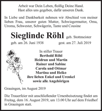 Traueranzeige von Sieglinde Röhl (geb. Stottmeister)  von Magdeburger Volksstimme