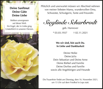 Traueranzeige von Sieglinde Scharbrodt (geb. Hannover)  von Magdeburger Volksstimme
