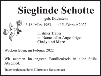 Traueranzeige von Sieglinde Schotte (geb. Duckstein)  von Magdeburger Volksstimme