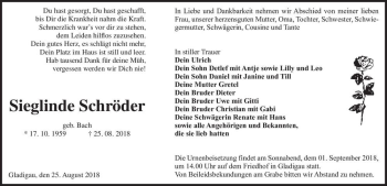Traueranzeige von Sieglinde Schröder (geb. Bach)  von Magdeburger Volksstimme