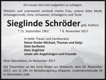 Traueranzeige von Sieglinde Schröder (geb. Koblenz)  von Magdeburger Volksstimme