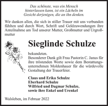 Traueranzeige von Sieglinde Schulze  von Magdeburger Volksstimme
