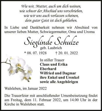 Traueranzeige von Sieglinde Schulze (geb. Laubrich)  von Magdeburger Volksstimme