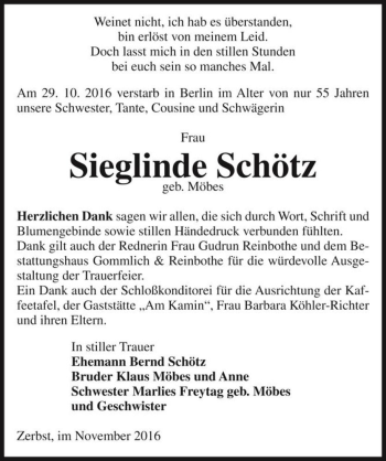 Traueranzeige von Sieglinde Schötz (geb. Möbes)  von Magdeburger Volksstimme