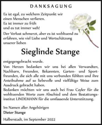 Traueranzeige von Sieglinde Stange  von Magdeburger Volksstimme