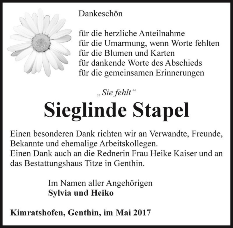  Traueranzeige für Sieglinde Stapel  vom 05.05.2017 aus Magdeburger Volksstimme
