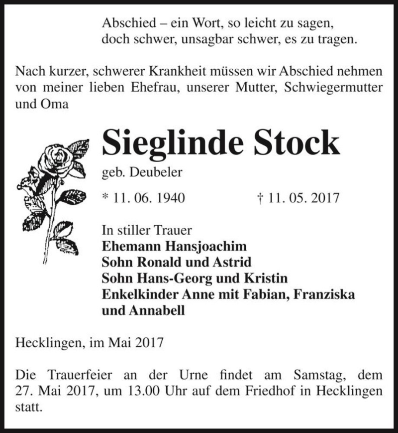  Traueranzeige für Sieglinde Stock (geb. Deubeler)  vom 20.05.2017 aus Magdeburger Volksstimme
