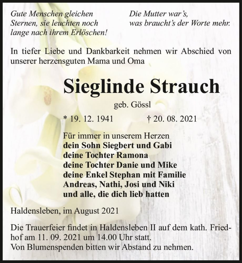  Traueranzeige für Sieglinde Strauch (geb. Gössl)  vom 28.08.2021 aus Magdeburger Volksstimme