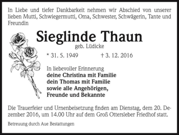 Traueranzeige von Sieglinde Thaun (geb. Lüdicke)  von Magdeburger Volksstimme