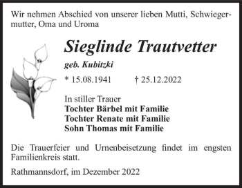 Traueranzeige von Sieglinde Trautvetter (geb. Kubitzki)  von Magdeburger Volksstimme