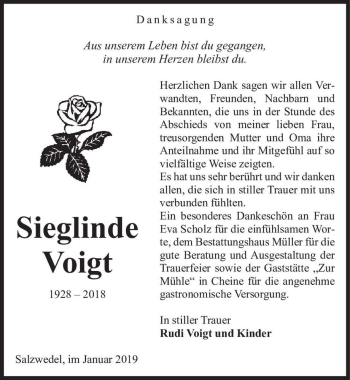 Traueranzeige von Sieglinde Voigt  von Magdeburger Volksstimme