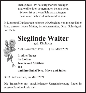 Traueranzeige von Sieglinde Walter (geb. Kirchberg)  von Magdeburger Volksstimme