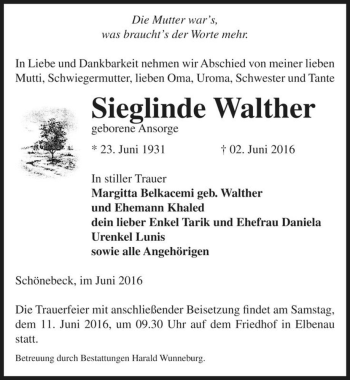 Traueranzeige von Sieglinde Walther (geb. Ansorge)  von Magdeburger Volksstimme