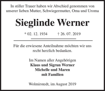 Traueranzeige von Sieglinde Werner  von Magdeburger Volksstimme