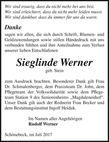 Traueranzeige von Sieglinde Werner (geb. Stein)  von Magdeburger Volksstimme
