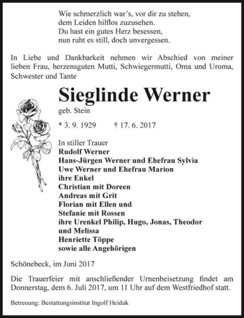 Traueranzeige von Sieglinde Werner (geb. Stein)  von Magdeburger Volksstimme