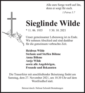 Traueranzeige von Sieglinde Wilde  von Magdeburger Volksstimme