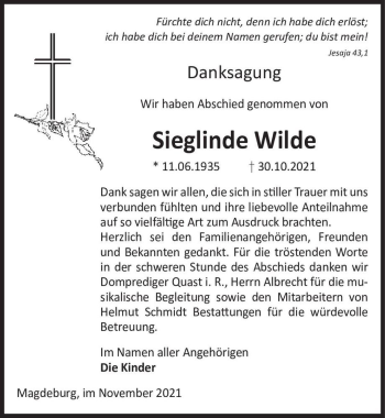 Traueranzeige von Sieglinde Wilde  von Magdeburger Volksstimme