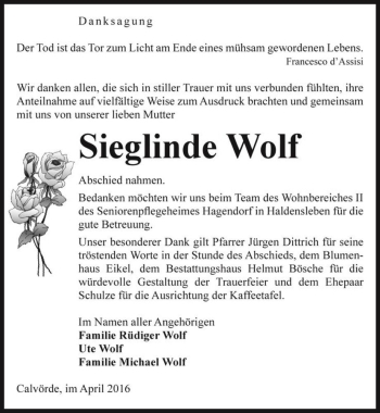 Traueranzeige von Sieglinde Wolf  von Magdeburger Volksstimme