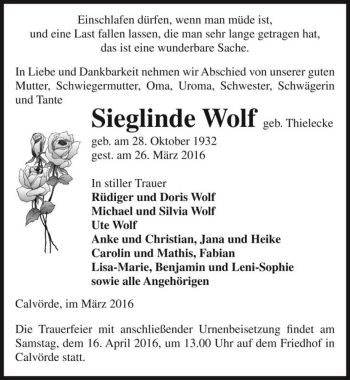 Traueranzeige von Sieglinde Wolf (geb. Thielecke)  von Magdeburger Volksstimme