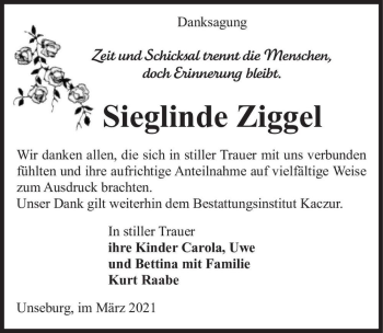 Traueranzeige von Sieglinde Ziggel  von Magdeburger Volksstimme