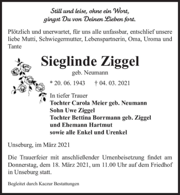 Traueranzeige von Sieglinde Ziggel (ge.b Neumann)  von Magdeburger Volksstimme