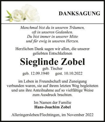 Traueranzeige von Sieglinde Zobel (geb. Tischer)  von Magdeburger Volksstimme
