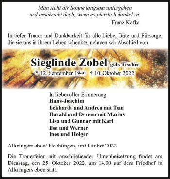Traueranzeige von Sieglinde Zobel (geb. Tischer)  von Magdeburger Volksstimme
