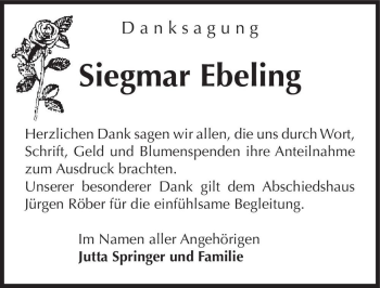 Traueranzeige von Siegmar Ebeling  von Magdeburger Volksstimme