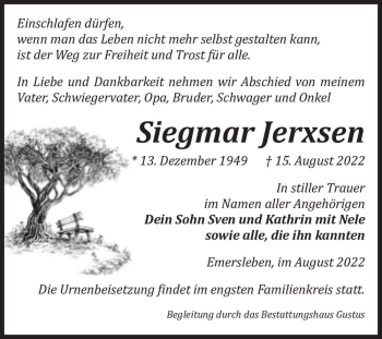 Traueranzeige von Siegmar Jerxsen  von Magdeburger Volksstimme