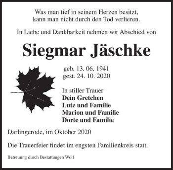 Traueranzeige von Siegmar Jäschke  von Magdeburger Volksstimme